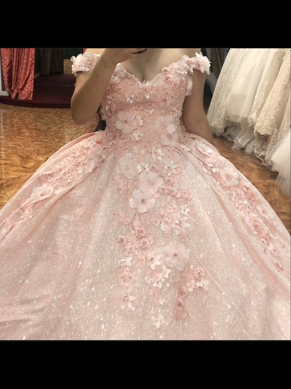 Dancing Queen Pink Floral Off-Shoulder Sparkle Ball Gown